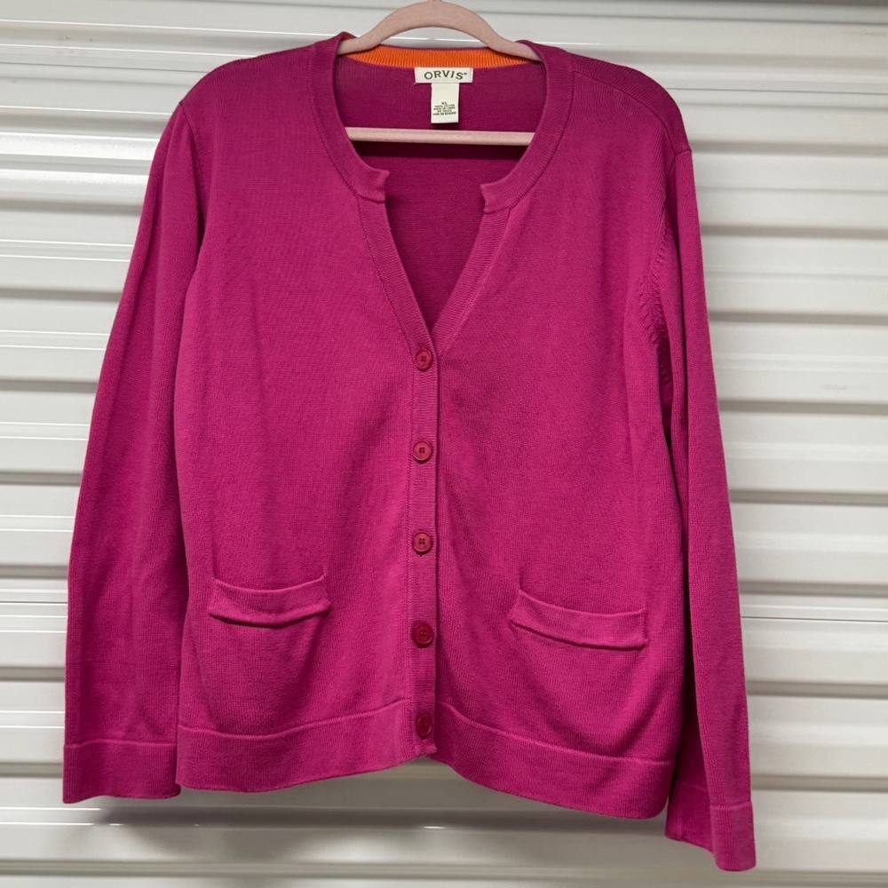 Orvis Pink Orange Pastel Color Block Kawaii Sweater Cardigan Women’s Size XL